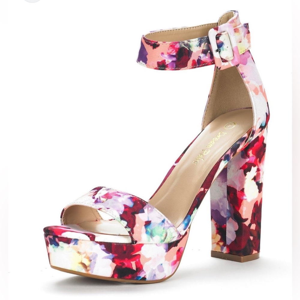 Women’s Open Toed Chunky Heels, Size 7.5, ~4.5 inches, Floral Print